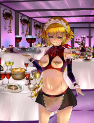 Rule 34 | 2girls, alcohol, apron, bare shoulders, blonde hair, breastless clothes, breasts, breasts out, ceiling, cowboy shot, cup, dnm, drinking glass, facing viewer, food, functionally nude, gigige12, highres, indoors, long hair, looking at viewer, maid, maid apron, maid headdress, medium breasts, midriff, miniskirt, multiple girls, nipple piercing, nipple rings, nipples, no panties, piercing, pussy, see-through, skirt, small breasts, smile, standing, table, tray, very long hair, waist apron, waitress, wine, wine glass, yellow eyes