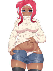 Rule 34 | 1girl, belly, black thighhighs, blue eyes, blue shorts, blush, bow, bow panties, breasts, clothes lift, commentary, dark-skinned female, dark skin, denim, denim shorts, groin, highres, large breasts, long hair, long sleeves, looking at viewer, navel, nintendo, octoling, octoling girl, octoling player character, open clothes, open fly, open mouth, open shorts, panties, penguin maru (penginmaru), pink bow, shiny skin, short shorts, shorts, simple background, sleeves past wrists, solo, splatoon (series), splatoon 2, sweater, sweater lift, tentacle hair, thighhighs, underwear, white background, white panties, wide hips