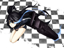 Rule 34 | 10s, 1girl, arm cannon, bad id, bad pixiv id, black hair, black rock shooter, black rock shooter (character), blue eyes, from above, glowing, glowing eyes, ikuichi, long hair, serious, shorts, solo, thighs, toromera, twintails, weapon, zipper
