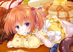 Rule 34 | 1girl, blueberry, blush, breasts, cafe stella to shinigami no chou, cake, cake slice, doughnut, eating, food, food on face, fork, fruit, hair ornament, large breasts, licking lips, looking at viewer, lying, on stomach, orange hair, pancake, pancake stack, purple eyes, sekine irie, short sleeves, short twintails, skirt, smile, solo, sumizome nozomi, syrup, thighhighs, tongue, tongue out, twintails, white thighhighs, yellow skirt