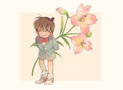 Rule 34 | 1boy, arms behind back, blue jacket, blush, bow, bowtie, brown hair, child, edogawa conan, flower, glasses, grin, highres, holding, holding flower, jacket, male focus, meitantei conan, oversized flower, oversized plant, pink flower, red bow, semi-rimless eyewear, shoes, side127, smile, sneakers, socks, solo, white socks