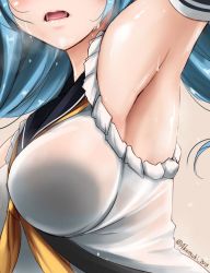 Rule 34 | 10s, 1girl, :o, akatsuki akane, armpits, artist name, bare shoulders, beige background, blue hair, breasts, close-up, elbow gloves, gloves, head out of frame, image sample, kantai collection, large breasts, lips, open mouth, outstretched arm, saliva, school uniform, serafuku, shirt, simple background, sleeveless, sleeveless shirt, solo, sweat, sweatdrop, tongue, twitter username, urakaze (kancolle), white shirt