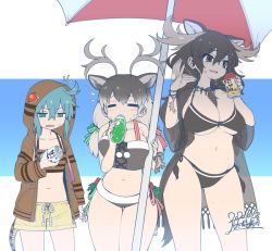 Rule 34 | 3girls, = =, adapted costume, afterimage, alternate breast size, animal ears, antlers, aqua eyes, aqua hair, arm at side, beach umbrella, beads, bikini, bikini under clothes, bottle, breasts, brown eyes, brown hair, can, cleavage, closed eyes, collarbone, dated, deer ears, drawstring, drink, drink can, drinking, extra ears, fanning face, fanning self, furrowed brow, gluteal fold, grey hair, hair between eyes, hair ribbon, highres, holding, holding can, hood, hood up, hoodie, horns, hot, jewelry, kemono friends, large breasts, long hair, long sleeves, looking at object, looking to the side, low-tied long hair, male swimwear, medium breasts, moose (kemono friends), moose ears, moose tail, multicolored hair, multiple girls, navel, necklace, open clothes, open hoodie, open mouth, reindeer (kemono friends), reindeer antlers, ribbon, see-through, side-by-side, side-tie bikini bottom, sidelocks, signature, skindentation, small breasts, snake tail, soda can, standing, stomach, striped clothes, striped hoodie, sweat, swim trunks, swimsuit, swimsuit under clothes, tail, thigh gap, tsuchinoko (kemono friends), twintails, two-tone hair, umbrella, underboob, yellow male swimwear, yellow swim trunks, yoshida hideyuki