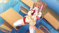 Rule 34 | 1girl, :d, artist request, blurry, blush, brown hair, censored, classroom, depth of field, desk, game cg, hair ornament, hair ribbon, indoors, kubota asahi, loafers, long hair, necktie, on desk, open mouth, peeing, pleated skirt, purple eyes, ribbon, saimin iinchou, school, school uniform, shoes, side ponytail, skirt, smile, solo, squatting, thighhighs, tongue, white thighhighs