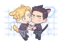 Rule 34 | 2boys, animal ears, ao isami, averting eyes, black hair, blonde hair, blue eyes, blush, cat boy, cat ears, cat tail, chibi, couple, dog boy, dog ears, facial hair, grid background, heart, heart background, highres, holding hands, lewis smith, looking at another, male focus, multiple boys, short hair, sideburns stubble, stubble, tail, tail wagging, thick eyebrows, wasted m9, yaoi, yuuki bakuhatsu bang bravern