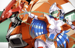 Rule 34 | 1990s (style), 1girl, armor, belt, belt pouch, blue hair, bodysuit, breasts, collarbone, dennis pulido, energy sword, flame (panzer paladin), gloves, green-tinted eyewear, helmet, holding, holding weapon, impossible bodysuit, impossible clothes, large breasts, long hair, looking at viewer, mecha, multicolored bodysuit, multicolored clothes, orange bodysuit, outstretched arm, paladin (panzer paladin), panzer paladin, pouch, retro artstyle, robot, shoulder armor, skindentation, skirt, sword, thigh gap, tinted eyewear, visor, weapon, whip sword, white bodysuit, white gloves