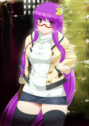 Rule 34 | 1girl, :&lt;, alternate costume, bespectacled, black thighhighs, breasts, breath, contemporary, crescent, crescent hair ornament, female focus, glasses, hair ornament, hands in pockets, jacket, large breasts, long hair, miniskirt, namidame, patchouli knowledge, purple eyes, purple hair, skirt, solo, sweater, thighhighs, touhou, tree, very long hair, zettai ryouiki