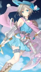 Rule 34 | 1girl, blue dress, blue eyes, blue hat, blue sky, blush, boots, cape, cloud, collarbone, crossover, detached sleeves, dress, floral print, granblue fantasy, grey hair, hat, highres, holding, holding sword, holding weapon, idolmaster, idolmaster cinderella girls, jewelry, knee boots, looking at viewer, moon, necklace, night, night sky, rum raisin (chihiromakita19), see-through, see-through silhouette, sheath, sky, sleeveless, sleeveless dress, smile, solo, star (sky), starry sky, sword, thigh strap, weapon