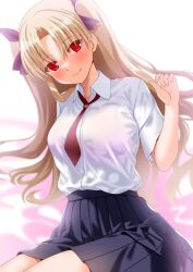 Rule 34 | 1girl, alternate costume, black skirt, blonde hair, blush, closed mouth, collared shirt, commentary request, engo (aquawatery), ereshkigal (fate), fate/grand order, fate (series), hair ribbon, highres, long hair, necktie, parted bangs, pleated skirt, red eyes, red necktie, red ribbon, ribbon, school uniform, shirt, short sleeves, simple background, sitting, skirt, solo, two side up, very long hair, white background, white shirt