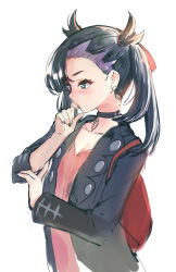Rule 34 | 1girl, absurdres, akasaai, asymmetrical bangs, backpack, bag, black choker, black hair, black jacket, black nails, blue eyes, blush, breasts, choker, cleavage, collarbone, creatures (company), earrings, finger to mouth, game freak, hair ribbon, hand on own arm, highres, jacket, jewelry, long sleeves, looking away, marnie (pokemon), multicolored hair, nail polish, nintendo, open clothes, open jacket, pokemon, pokemon swsh, purple hair, red ribbon, ribbon, simple background, sketch, small breasts, solo, stud earrings, twintails, two-tone hair, upper body, white background