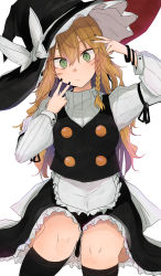 Rule 34 | 1girl, absurdres, apron, arm ribbon, black bow, black footwear, black nails, black ribbon, black shirt, blonde hair, bow, braid, double v, frilled hat, frilled skirt, frills, gloves, green eyes, hair between eyes, hat, hat bow, hat ribbon, highres, kirisame marisa, long sleeves, looking at viewer, nail polish, necro (nekurodayo), ribbon, shirt, simple background, single braid, sitting, skirt, solo, touhou, v, white background, white bow, white frills, white ribbon, white sleeves, witch hat