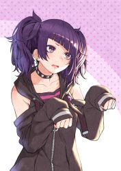 Rule 34 | 1girl, bare shoulders, blush, choker, collarbone, diagonal bangs, earrings, highres, ice reizou, idolmaster, idolmaster shiny colors, jewelry, long hair, looking at viewer, polka dot, polka dot background, purple eyes, purple hair, short twintails, sleeves past wrists, solo, spiked choker, spikes, tanaka mamimi, twintails, upper body, zipper, zipper pull tab
