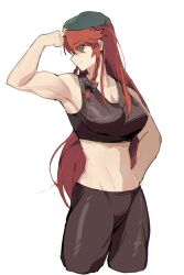 Rule 34 | 1girl, arm up, armpits, biceps, black sports bra, braid, breasts, highres, hong meiling, large breasts, liangyilin, looking at viewer, muscular, muscular female, pants, smile, sports bra, touhou, twin braids, white background
