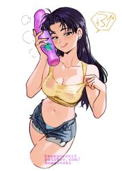 Rule 34 | 1girl, blush, breasts, brown eyes, cleavage, dildo, highres, katsuragi misato, long hair, looking at viewer, medium breasts, navel, neon genesis evangelion, purple hair, scar, sex toy, simple background, smile, snegovski, solo, tongue, tongue out, white background
