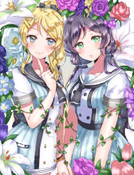 Rule 34 | 2girls, ayase eli, bad id, bad pixiv id, bell, blonde hair, blue eyes, bow, bracelet, buttons, double-breasted, dress, finger to cheek, flower, green eyes, hair bell, hair bow, hair ornament, hairpin, highres, holding hands, index finger raised, jewelry, jingle bell, kaisou (0731waka), lily (flower), long hair, looking at viewer, love live!, love live! school idol festival, love live! school idol project, multiple girls, plant, ponytail, purple flower, purple hair, purple rose, red flower, red rose, rose, sailor collar, short sleeves, sidelocks, smile, tojo nozomi, twintails, vines