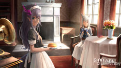 Rule 34 | 2girls, absurdres, animal ears, bad id, bad pixiv id, blue gloves, blush, book, boots, brown footwear, chair, closed mouth, food, fox ears, gloves, green eyes, grey hair, highres, holding, holding plate, indoors, looking at another, looking at viewer, maid, multiple girls, one eye closed, original, pancake, phonograph, plate, pointy ears, purple hair, red eyes, sagiri (ulpha220), short sleeves, sitting, smile, standing, table, tablecloth
