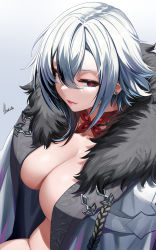 Rule 34 | 1girl, arlecchino (genshin impact), black eyes, black hair, breasts, cleavage, closed mouth, coat, earrings, fur-trimmed coat, fur trim, genshin impact, hair between eyes, highres, jewelry, large breasts, looking at viewer, multicolored hair, parted lips, piukute062, red pupils, short hair, solo, streaked hair, symbol-shaped pupils, two-tone hair, upper body, white hair, x-shaped pupils