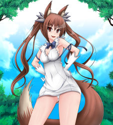 Rule 34 | 1girl, :d, alternate costume, alternate hairstyle, animal ear fluff, blue sky, breasts, brown eyes, brown hair, cleavage, cloud, cloudy sky, cosplay, day, dress, dungeon ni deai wo motomeru no wa machigatteiru darou ka, gloves, hands on own hips, hestia (danmachi), hestia (danmachi) (cosplay), holo, long hair, looking at viewer, open mouth, panties, pantyshot, rei no himo, sideboob, sky, smile, solo, spice and wolf, standing, tail, tk (butakuma), twintails, underboob, underwear, white dress, white gloves, white panties, wolf tail