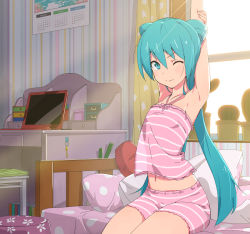Rule 34 | 1girl, ;), aqua eyes, aqua hair, arm behind head, armpits, arms up, bad id, bad pixiv id, bed, bedroom, blouse, cactus, calendar (object), camisole, chair, computer, cowboy shot, curtains, desk, domo1220, hatsune miku, indoors, itoshige, key, laptop, long hair, looking at viewer, midriff, morning, navel, on bed, one eye closed, pajamas, pillow, plant, polka dot, potted plant, shirt, shorts, sitting, sleepwear, smile, solo, spring onion, stretching, striped clothes, striped shirt, sunlight, twintails, very long hair, vocaloid, wallpaper (object), window