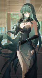 Rule 34 | 1girl, absurdres, adjusting hair, bare legs, breasts, cleavage, dress, feet out of frame, flower hairpin, green dress, green hair, green thighhighs, hair between eyes, hair ornament, hairclip, hand up, hanying (punishing: gray raven), highres, indoors, jewelry, large breasts, leaf, long hair, looking at viewer, mechanical arms, mizu moku shio, mole, mole under eye, necklace, punishing: gray raven, side slit, single bare shoulder, single thighhigh, sleeveless, sleeveless dress, solo, thighhighs, very long hair, window blinds, yellow eyes