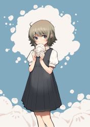 Rule 34 | 1girl, bad id, bad twitter id, black dress, black eyes, bob cut, brown hair, bukimi isan, commentary, dress, eating, feet out of frame, food, green background, hair strand, hands up, highres, holding, holding food, looking at viewer, messy hair, puffy short sleeves, puffy sleeves, short hair, short sleeves, sleeveless, sleeveless dress, solo, upturned eyes, white background