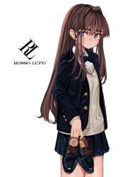 Rule 34 | 1girl, black bow, black bowtie, blue eyes, blue jacket, bow, bowtie, brown hair, cardigan, closed mouth, collared shirt, cowboy shot, elisia valfelto, grey cardigan, hair intakes, highres, holding, holding shoes, jacket, long sleeves, looking at viewer, luicent, original, school uniform, shirt, shoes, unworn shoes, simple background, solo, standing, white background, white shirt, wing collar