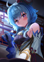 Rule 34 | 1girl, absurdres, ahoge, architecture, bare shoulders, bell, black bodysuit, black gloves, blue hair, blush, bodice, bodysuit, breasts, closed mouth, commentary request, cowbell, detached sleeves, east asian architecture, ganyu (genshin impact), genshin impact, gloves, goat horns, highres, holding, horns, long hair, looking at viewer, medium breasts, mimikaki, neck bell, night, night sky, purple eyes, sitting, sky, smile, solo, vision (genshin impact), yukimachi urei