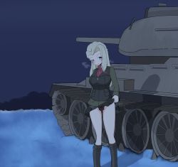 Rule 34 | 1girl, black footwear, black panties, black skirt, black vest, blonde hair, blue eyes, blush, boots, clara (girls und panzer), closed mouth, clothes lift, commentary, girls und panzer, green jacket, guropara, half-closed eyes, highres, jacket, lifted by self, long hair, long sleeves, looking at viewer, military, military uniform, military vehicle, miniskirt, motor vehicle, night, night sky, outdoors, panties, pleated skirt, pravda military uniform, red shirt, shirt, skirt, skirt lift, sky, smile, solo, standing, t-34, t-34-85, tank, turtleneck, underwear, uniform, vest, zipper