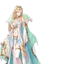 Rule 34 | 1girl, blonde hair, blue eyes, breasts, cleavage, crown, dress, hand up, high ponytail, large breasts, legs, long hair, looking at viewer, lots of jewelry, navel, ponytail, sacred sword princesses, solo, standing, thighs, transparent background