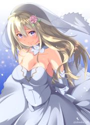 Rule 34 | 10s, 1girl, arms behind back, artist name, bare shoulders, bismarck (kancolle), blonde hair, blush, breasts, bridal veil, bride, choker, cleavage, commentary request, dandou, dress, flower, hair flower, hair ornament, highres, image sample, kantai collection, large breasts, long hair, looking at viewer, purple eyes, smile, solo, twitter sample, veil, wedding dress, white dress