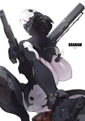Rule 34 | 1girl, absurdres, barcode, breasts, copyright request, covered navel, english text, covered erect nipples, grey background, gun, highres, holding, holding sword, holding weapon, impossible clothes, katana, large breasts, original, science fiction, shizuoxing kof, simple background, skin tight, solo, squatting, sword, tight clothes, weapon
