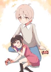 Rule 34 | +++, 1boy, 1girl, :d, absurdres, aged down, ahoge, bare arms, black hair, black socks, blue pants, brother and sister, brown eyes, child, closed eyes, commentary, controller, dress, drooling, game controller, grey shirt, hair between eyes, hand on another&#039;s head, headpat, highres, holding, holding controller, holding game controller, kaai yuu, kneehighs, lap pillow, light blush, long sleeves, multicolored hair, onii-chan wa oshimai!, open mouth, oyama mahiro, oyama mihari, pants, pink hair, purple hair, red dress, shirt, short hair, short sleeves, short twintails, siblings, simple background, sitting, sleeping, smile, socks, twintails, two-tone hair, white background, wing collar, wireless game controller