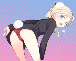 Rule 34 | 1girl, animal ears, ass, black jacket, blonde hair, blue eyes, blush, crotch seam, dog ears, dog girl, dog tail, dotted background, extra ears, from behind, gradient background, hand on own knee, heart, jacket, leaning forward, legs, looking at viewer, looking back, martina crespi, no pants, open mouth, paid reward available, pam pam, panties, red panties, red shirt, revision, shimada fumikane, shirt, smile, solo, strike witches, tail, thighs, underwear, world witches series