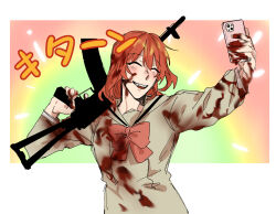 Rule 34 | 1girl, blood, blood on clothes, blood on face, blood on hands, blush, bocchi the rock!, bow, bowtie, brown sailor collar, brown shirt, cellphone, closed eyes, commentary, gun, holding, holding gun, holding phone, holding weapon, kalashnikov rifle, kita ikuyo, long hair, long sleeves, open mouth, phone, rainbow, red bow, red bowtie, red hair, sailor collar, salt66666, selfie, shirt, smartphone, smile, solo, taking picture, translated, upper body, weapon