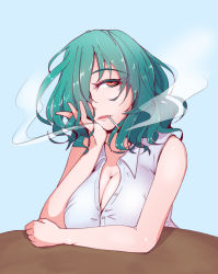 Rule 34 | 1girl, blue background, breasts, cigarette, cleavage, green hair, hair over one eye, head rest, kazami yuuka, large breasts, messy hair, mole, mole under eye, one eye covered, parted lips, red eyes, s-m!le yuu, short hair, smoke, smoking, solo, touhou, upper body, wavy hair