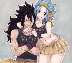 Rule 34 | 1boy, 1girl, blue hair, breasts, cleavage, couple, fairy tail, gajeel redfox, gradient background, levy mcgarden, midriff, navel, rusky, skirt