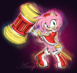 Rule 34 | 1girl, amy rose, boots, bracelet, dress, female focus, green eyes, hammer, happy, headband, jewelry, open mouth, pink hair, sega, smile, solo, sonic (series), tail
