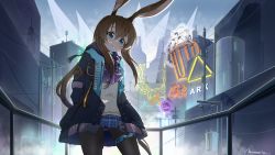 Rule 34 | absurdres, amiya (arknights), animal ears, arknights, ascot, black pantyhose, blue eyes, blue jacket, blue skirt, brown hair, building, city, cowboy shot, dated, day, donkey ears, grey sweater, hands in pockets, head tilt, highres, jacket, long hair, looking at viewer, miniskirt, mountain han, neon lights, open clothes, open jacket, outdoors, pantyhose, pleated skirt, power lines, purple ascot, railing, sign, signature, skirt, sky, smile, standing, sweater, utility pole