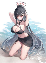 Rule 34 | 1girl, absurdly long hair, alternate costume, alternate hairstyle, armpits, arms behind head, arms up, bare arms, bare legs, bare shoulders, beach, bikini, black bikini, black choker, black hair, black sarong, blue archive, blush, breasts, choker, closed mouth, highres, kneeling, large breasts, long hair, looking at viewer, navel, o-ring, o-ring bikini, o-ring top, ponytail, red eyes, rio (blue archive), sarong, simple background, solo, stomach, swimsuit, ttosom, very long hair, water