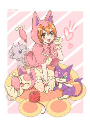 Rule 34 | 1girl, animal ears, blush, bow, cat ears, cosplay, creatures (company), espurr, game freak, gen 3 pokemon, gen 5 pokemon, gen 6 pokemon, gloves, green eyes, hoshizora rin, love live!, love live! school idol project, mono land, nintendo, orange hair, paw pose, pokemon, purrloin, skitty, skitty (cosplay), striped background, striped clothes, striped thighhighs, tail, thighhighs, vertical-striped clothes, vertical-striped thighhighs, yarn, yarn ball