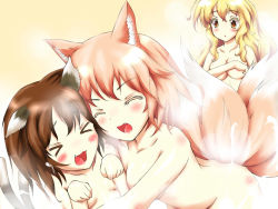 Rule 34 | &gt; &lt;, 3girls, animal ears, bad id, bad pixiv id, blonde hair, blush, breast hold, breasts, brown eyes, brown hair, cat ears, cat girl, cat tail, chen, covering privates, covering breasts, closed eyes, fang, female focus, fox ears, fox tail, highres, hug, mikage kirino, multiple girls, nude, nude cover, open mouth, orange hair, paw pose, smile, tail, touhou, yakumo ran, yakumo yukari