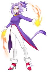 Rule 34 | 1girl, bad id, bad twitter id, blaze the cat, cat, cat girl, cat tail, fire, forehead jewel, fur-trimmed footwear, fur-trimmed gloves, fur trim, gloves, gold necklace, higanbana (fried chicken), high heels, highres, humanization, jacket, jewelry, looking at viewer, necklace, pants, pink footwear, ponytail, purple hair, purple jacket, simple background, sonic (series), tail, white background, white gloves, white pants, yellow eyes