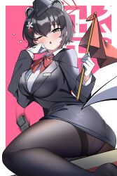 Rule 34 | 1girl, absurdres, black eyes, black hair, black hat, black pantyhose, black skirt, blue archive, blush, bow, bowtie, breasts, buttons, collared shirt, fengqun, flag, hair between eyes, halo, hat, highres, holding, holding flag, large breasts, long sleeves, looking at viewer, one eye closed, pantyhose, parted lips, red bow, red bowtie, red halo, shirt, short hair, skirt, solo, tour guide, tsubaki (blue archive), tsubaki (guide) (blue archive), white shirt