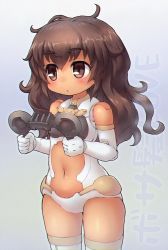 Rule 34 | 1girl, 30 minutes sisters, aged down, breasts, brown eyes, brown hair, center opening, character request, dark-skinned female, dark skin, doll joints, elbow gloves, eyebrows, gloves, headgear, unworn headgear, joints, leotard, long hair, messy hair, navel, sankuma, small breasts, solo, thighhighs, thighs, white gloves, white leotard, white thighhighs