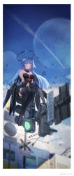 Rule 34 | :&lt;, absurdres, bare shoulders, black gloves, black thighhighs, blue hair, blue sky, blurry, boots, border, breasts, bright pupils, closed mouth, contrail, depth of field, detached collar, full body, full moon, gloves, halo, highres, large breasts, legs together, long hair, mechanical wings, moon, navel, original, outdoors, purple eyes, sidelocks, sitting, sky, solo, sunligh mao, thigh boots, thighhighs, traffic light, train, white pupils, wings