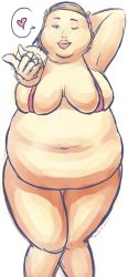 Rule 34 | 1girl, beckoning, breasts, brown hair, cleavage, cowboy shot, fat, freckles, heart, highres, knees together feet apart, large breasts, lips, lipstick, looking at viewer, makeup, megami tensei, navel, obese, ohtani hanako, one eye closed, persona, persona 4, short hair, simple background, solo, spoken heart, thick lips, thick thighs, thighs, white background, wink