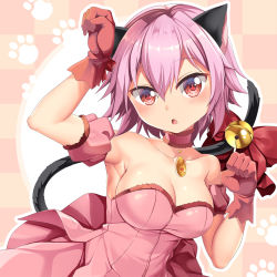 Rule 34 | 1girl, animal ears, bell, bow, breasts, cat ears, cat tail, choker, cosplay, detached sleeves, dress, gloves, highres, kantai collection, medium breasts, mew ichigo, mew ichigo (cosplay), pink choker, pink dress, pink hair, puffy detached sleeves, puffy sleeves, red eyes, red gloves, short hair, solo, strapless, strapless dress, tail, tail bell, tail bow, tail ornament, tama (kancolle), tokyo mew mew, upper body, yasume yukito