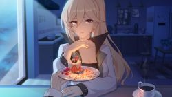 Rule 34 | 1girl, :o, absurdres, bianka durandal ataegina, blonde hair, blue eyes, breasts, cake, cake slice, candle, candlelight, casual, cleavage, cup, earrings, food, game cg, hair between eyes, highres, holding, holding plate, holding spoon, honkai (series), honkai impact 3rd, indoors, jacket, jewelry, kitchen, long hair, long sleeves, looking at viewer, moonlight, night, night sky, official art, open mouth, plate, ponytail, rita rossweisse, sitting, sky, spoon, table, tea, teacup, third-party source, white jacket