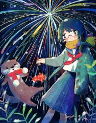 Rule 34 | 1girl, aerial fireworks, animal, black hair, blush, buttons, check commentary, closed mouth, clothed animal, commentary request, commission, commissioner name, feet out of frame, fireworks, glasses, grey jacket, grey sailor collar, grey skirt, holding fireworks, jacket, long hair, long sleeves, mamei mema, neckerchief, night, open clothes, open jacket, original, otter, outdoors, plant, pleated skirt, red neckerchief, sailor collar, sailor shirt, scarf, school uniform, semi-rimless eyewear, serafuku, shirt, side ponytail, skeb commission, skirt, solo, sparkler, standing, tareme, under-rim eyewear, white shirt, yellow scarf