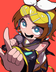 Rule 34 | 1girl, aqua eyes, bare shoulders, bis814, black shorts, black sleeves, blonde hair, blue eyes, bow, detached sleeves, foreshortening, hair bow, hair ornament, hairclip, headphones, headset, highres, holding, holding microphone, index finger raised, kagamine rin, light blush, microphone, midriff peek, music, neckerchief, number tattoo, open mouth, pointing, red background, shirt, short hair, shorts, shoulder tattoo, singing, sleeveless, sleeveless shirt, smile, solo, sweat, swept bangs, tattoo, treble clef, vocaloid, white bow, white shirt, yellow neckerchief